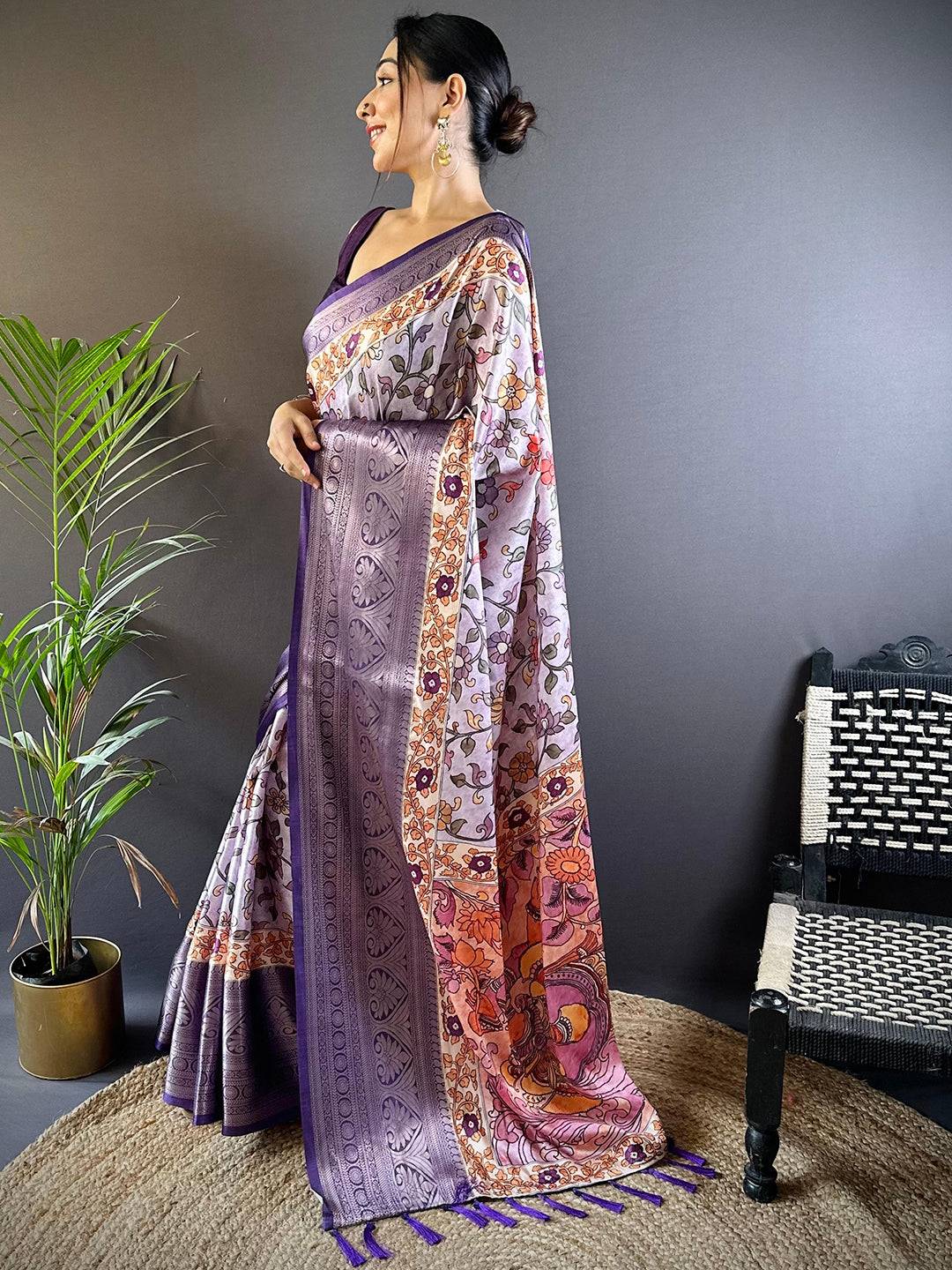 Lilac Floral Kalamkari Print Saree by My Store