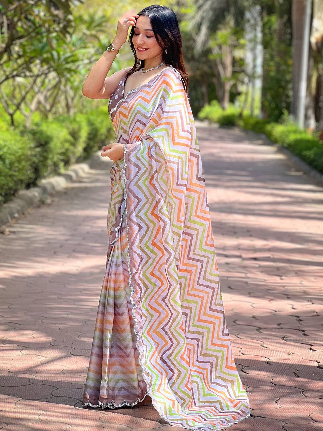 Traditional Leheriya And Striped Print Saree