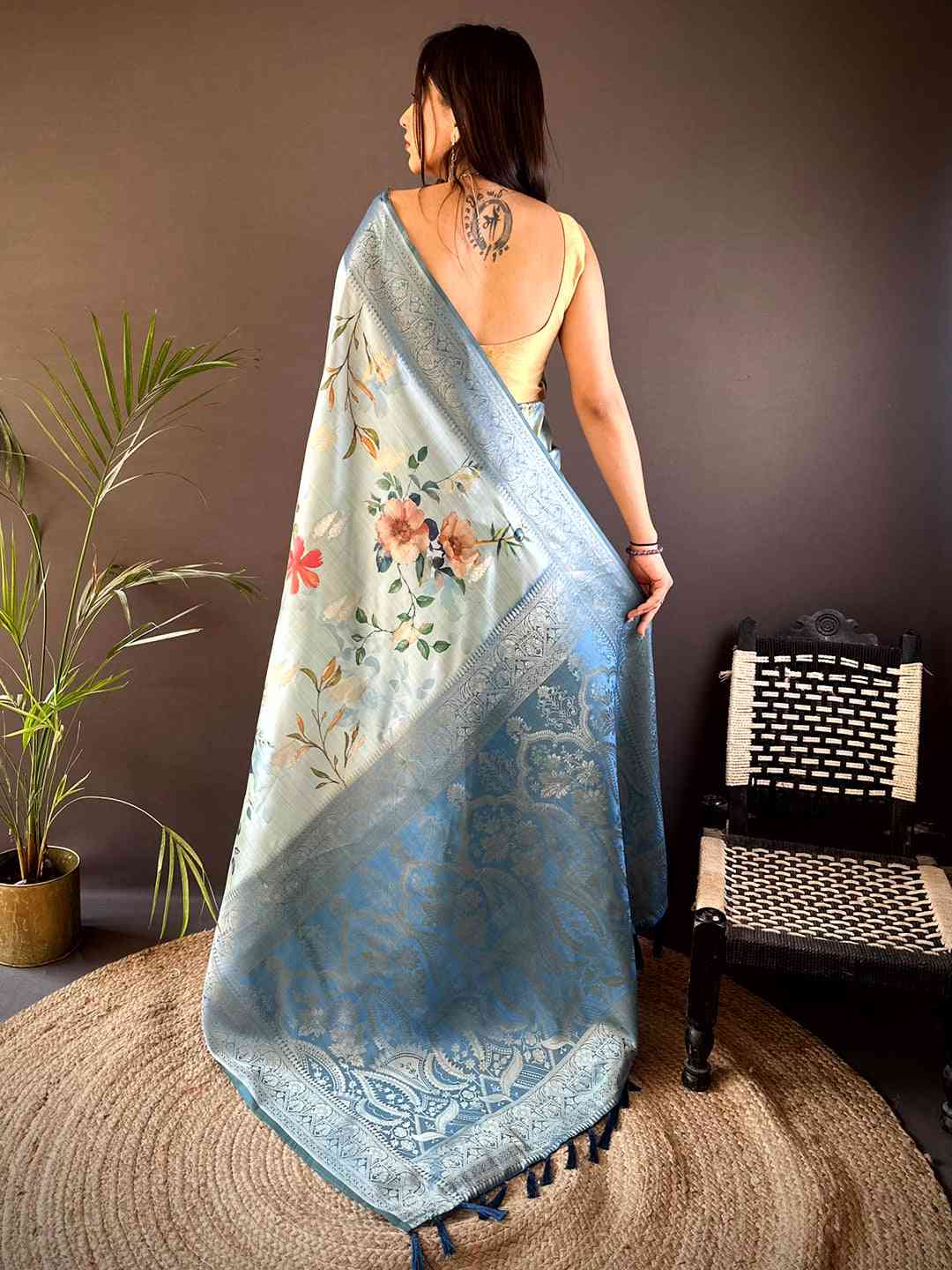 Pastel Blue Bamboo Silk Floral Saree by My Store