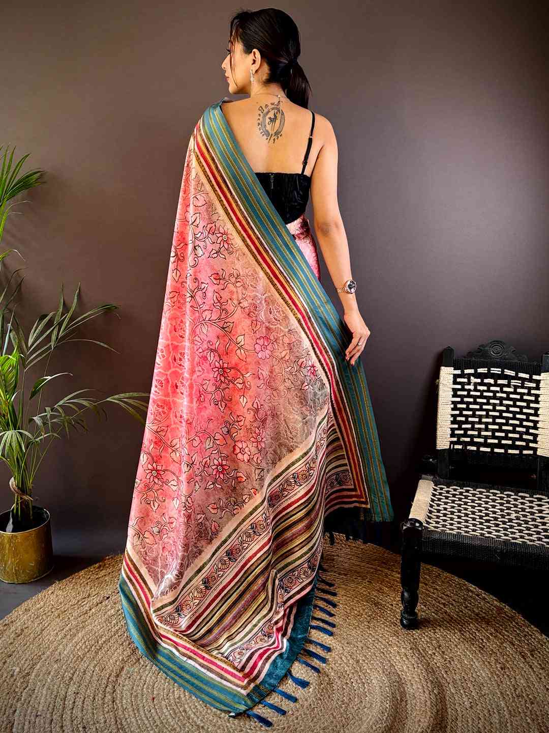 Baby Pink Kalamkari Floral Printed Silk Saree