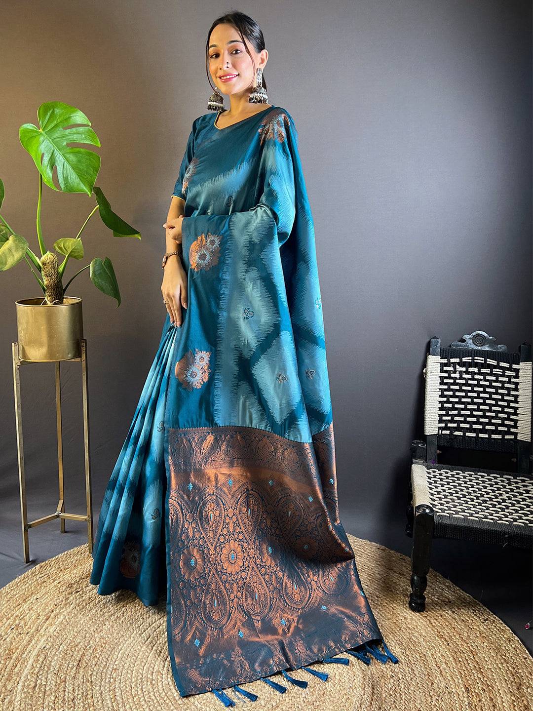 Blue Tussar Silk Ikkat Weaving Saree by My Store