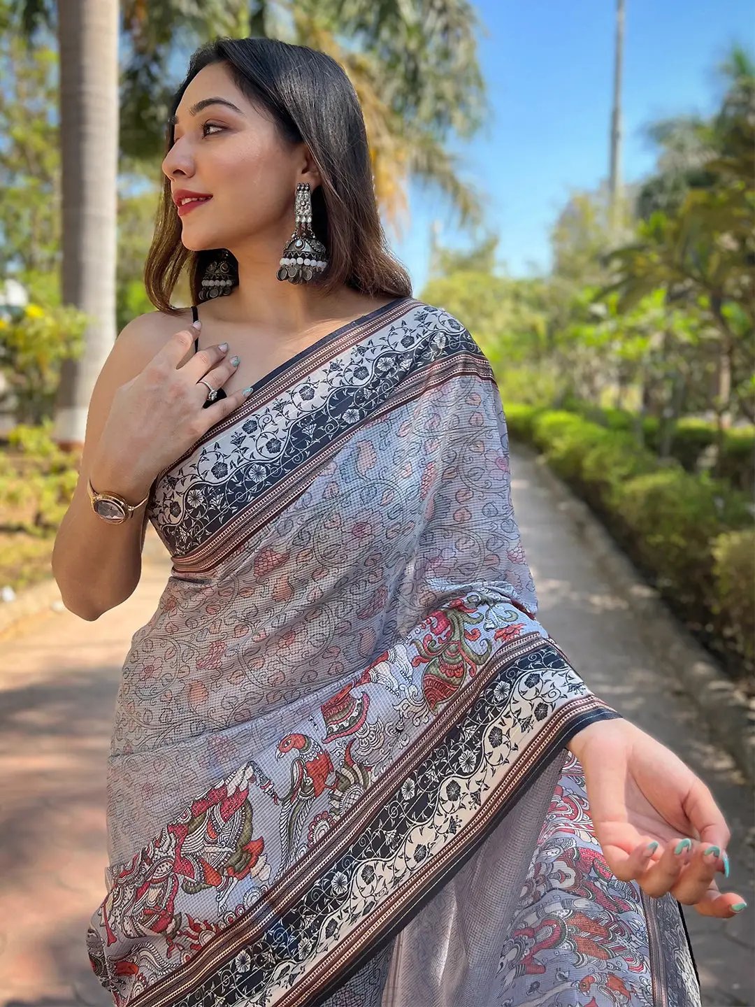 Satin Kota Doria Saree With Kalamkari Digital Print In Lavender Colour by My Store