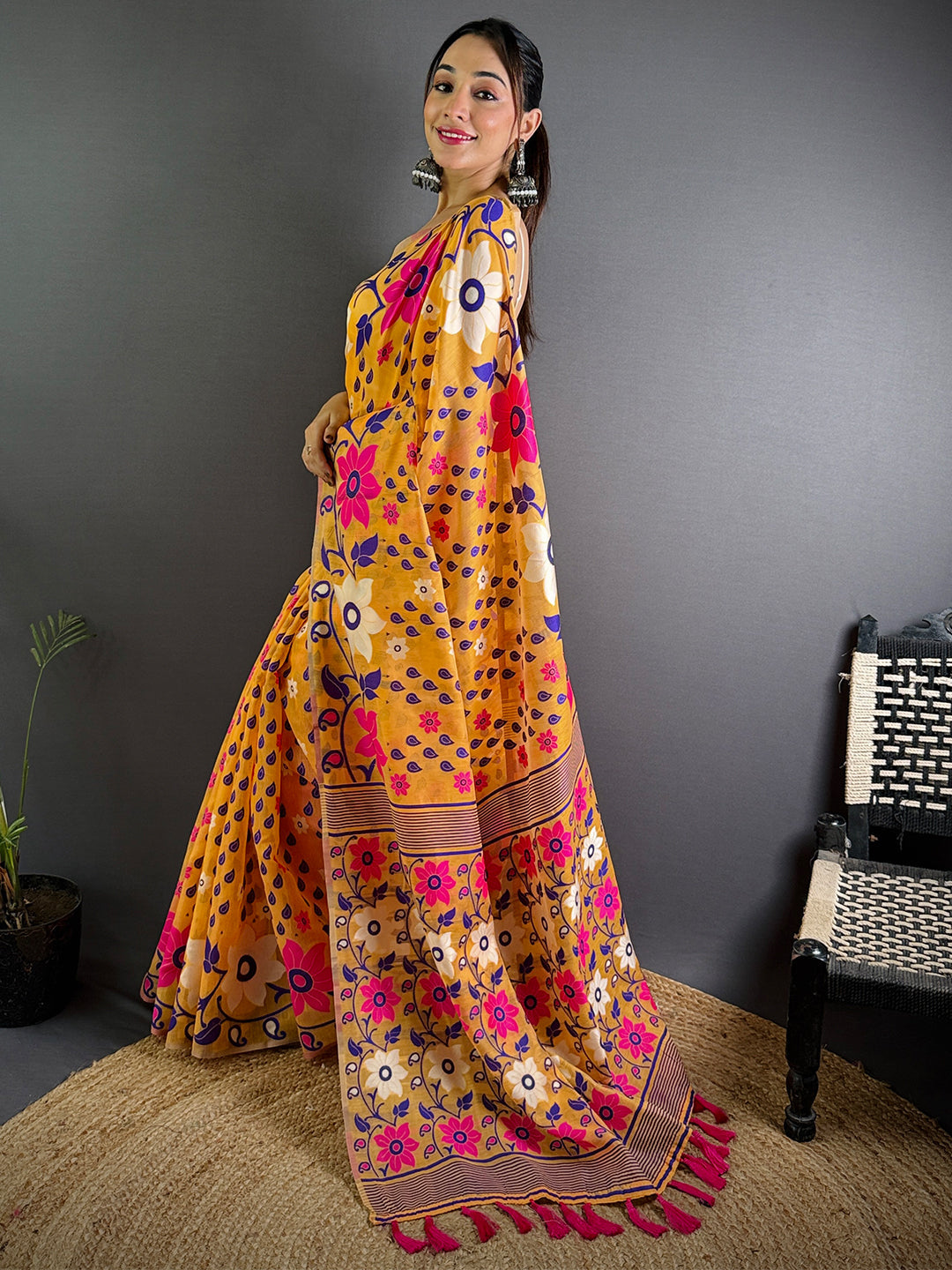 Gold Dhakai Jamdani Cotton Silk Saree by My Store