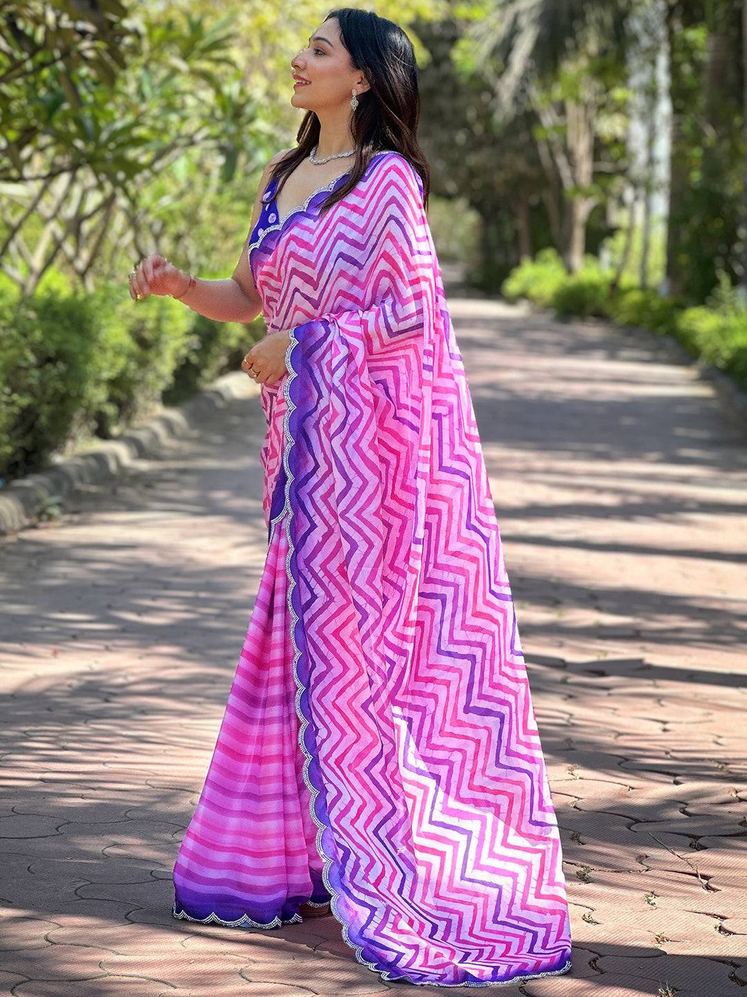 Trendy Leheriya And Striped Print Saree