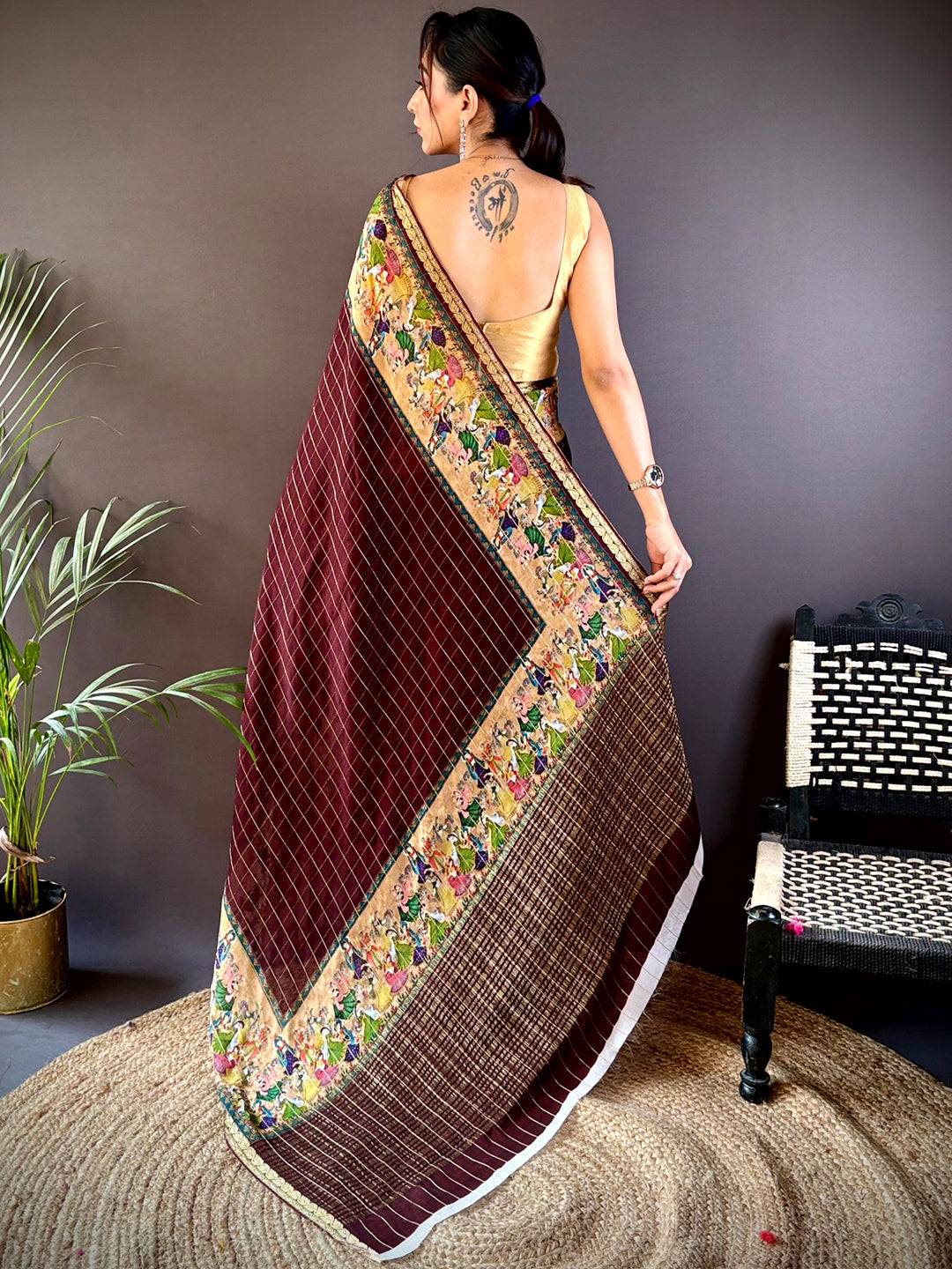 Brown Chinnon Chiffon Kalamkari Saree by My Store