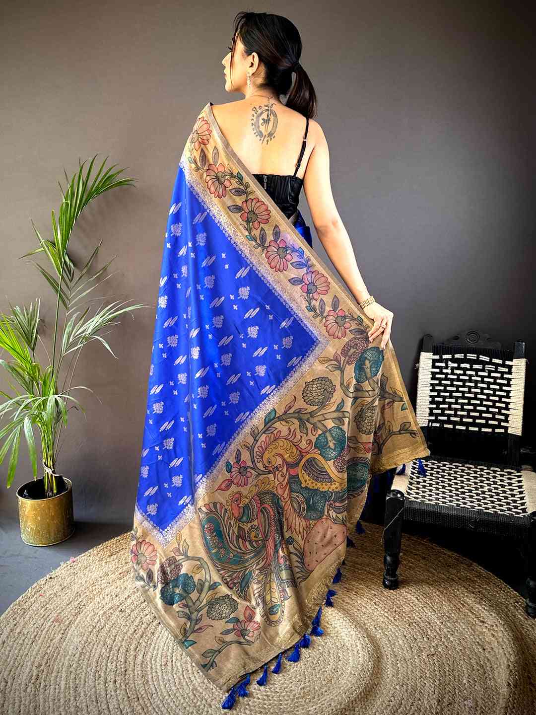 Royal Blue Soft Silk Kalamkari Printed Pallu Saree by My Store