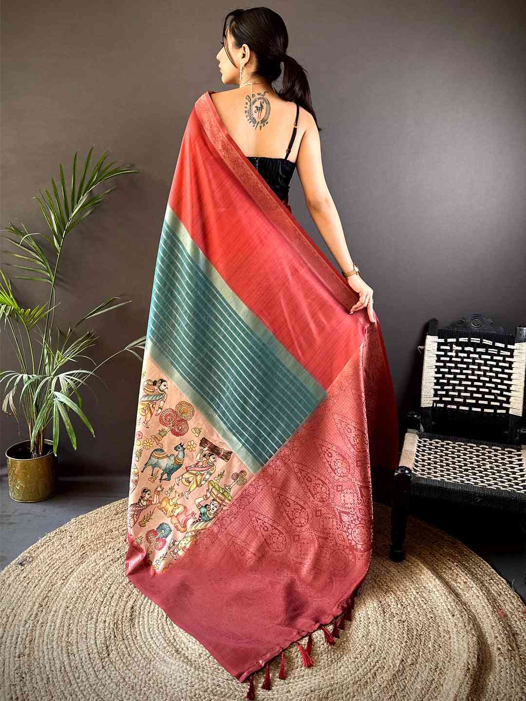 Red Soft Silk Placement Digital Print Saree by My Store
