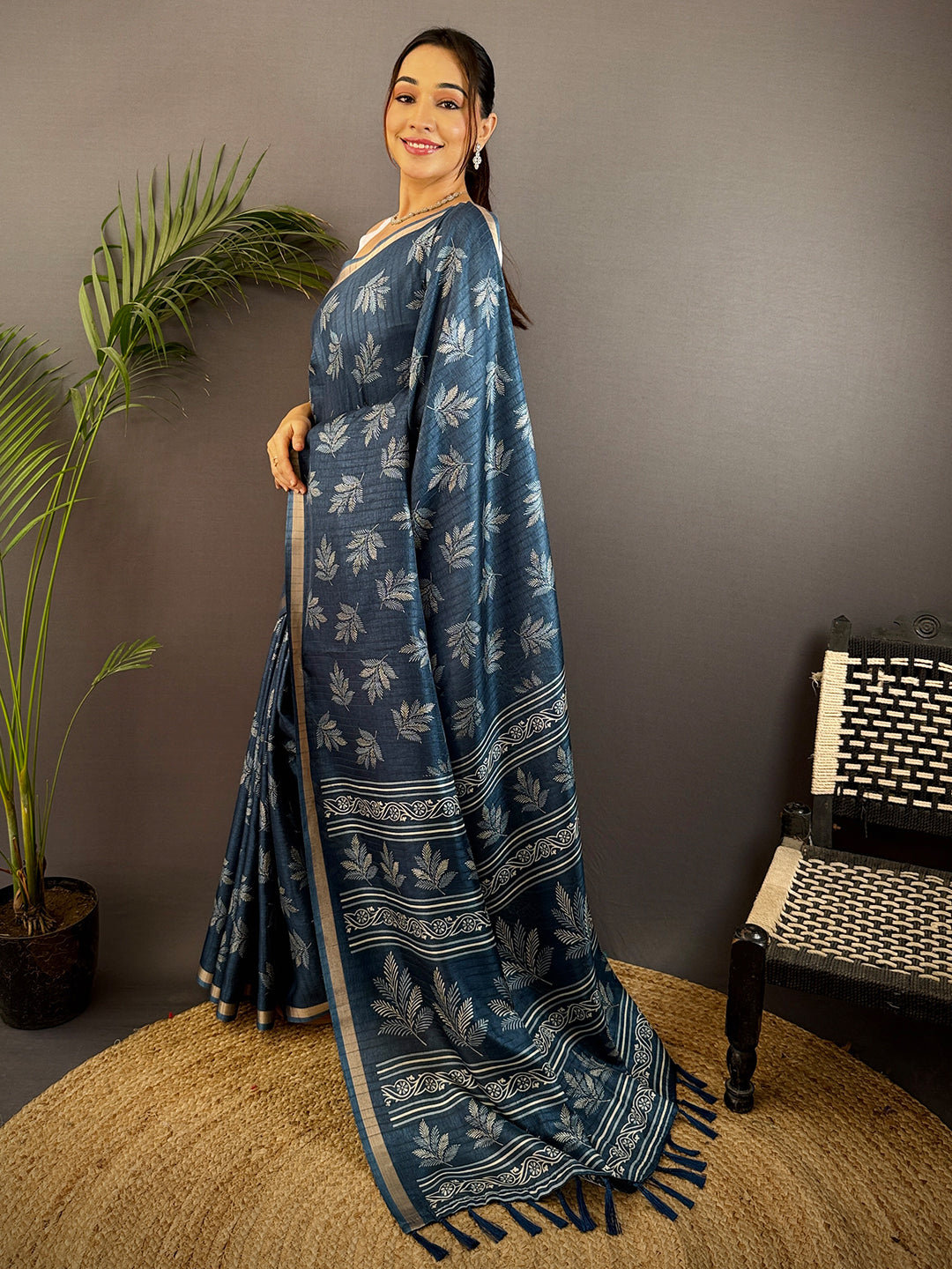 Steel Blue Leaf Print Ghicha Handloom Saree by My Store