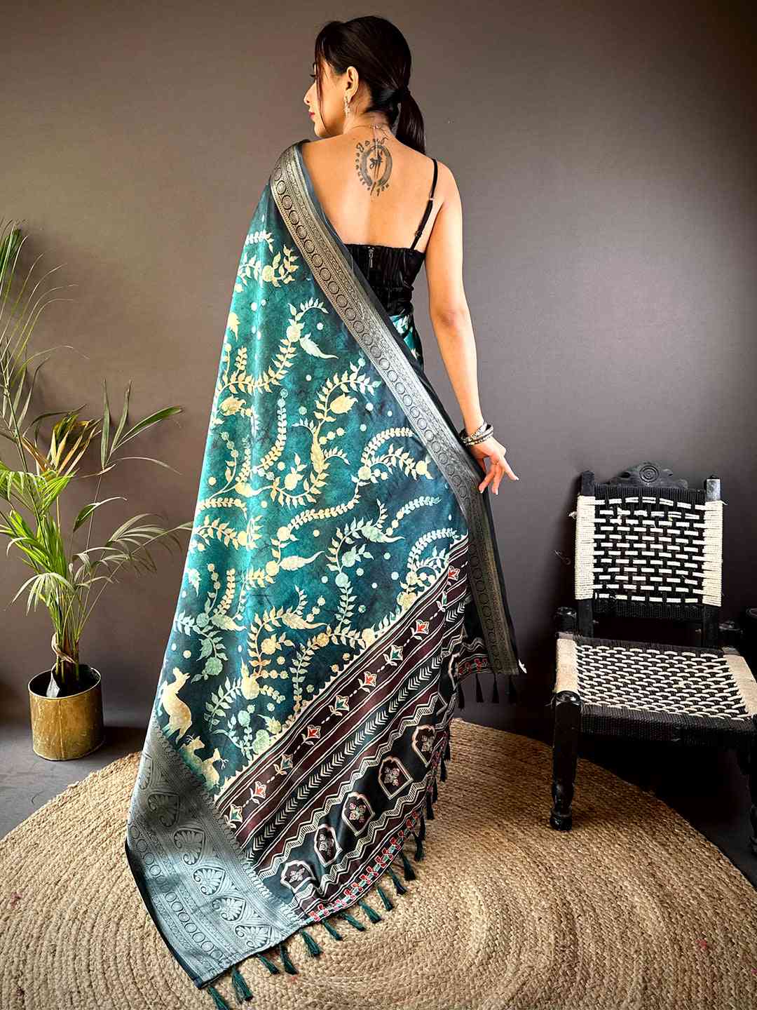 Teal Floral Animal Batik Soft Silk Saree by My Store