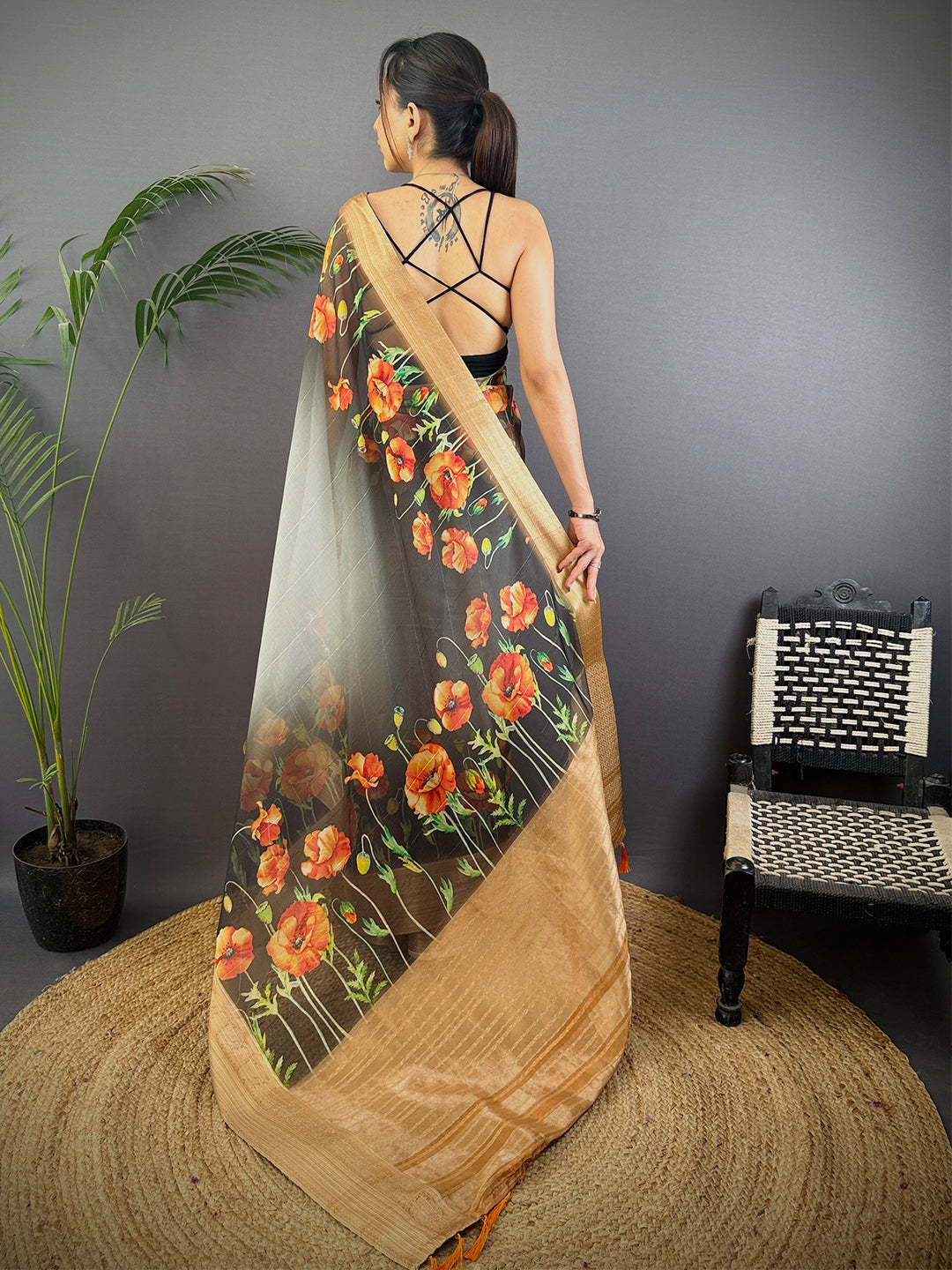 Black Soft Organza Digital Print Saree