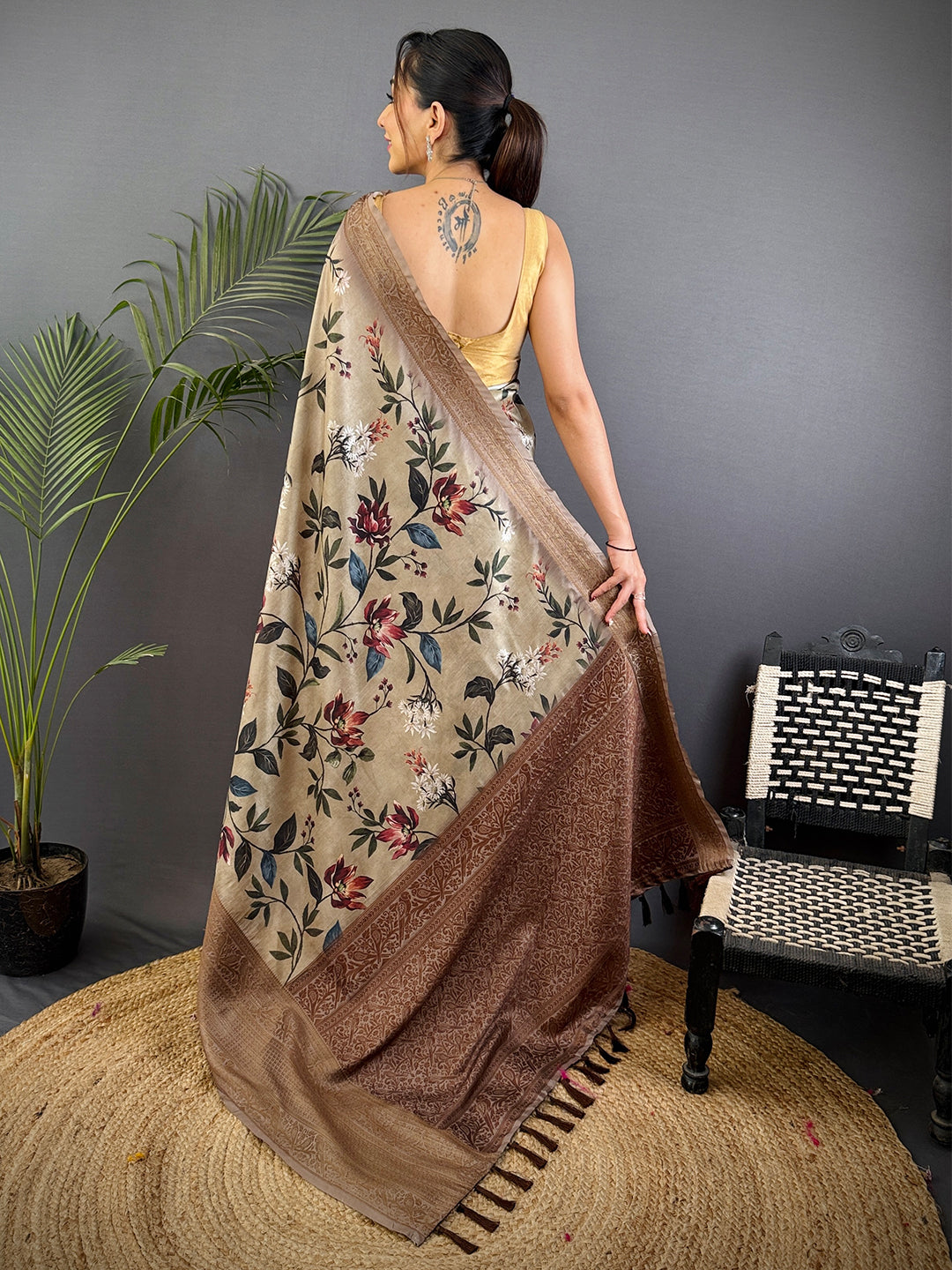 Radiant Black Aura Silk Floral Print Saree