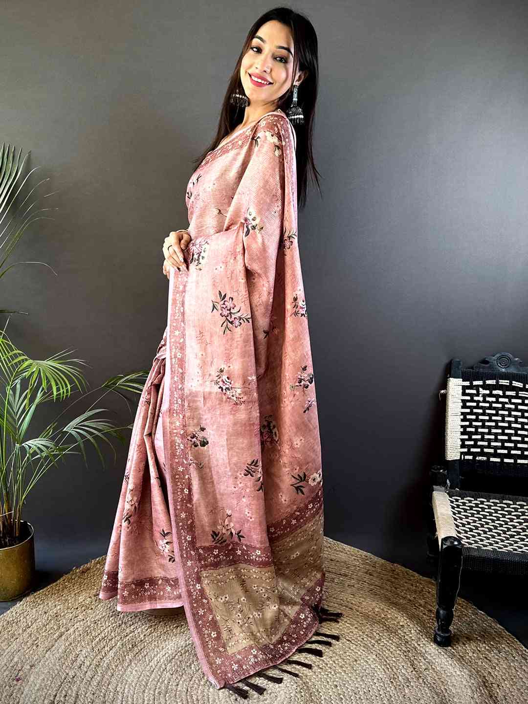 Pastel Pink Zari Tussar Floral Print Saree by My Store
