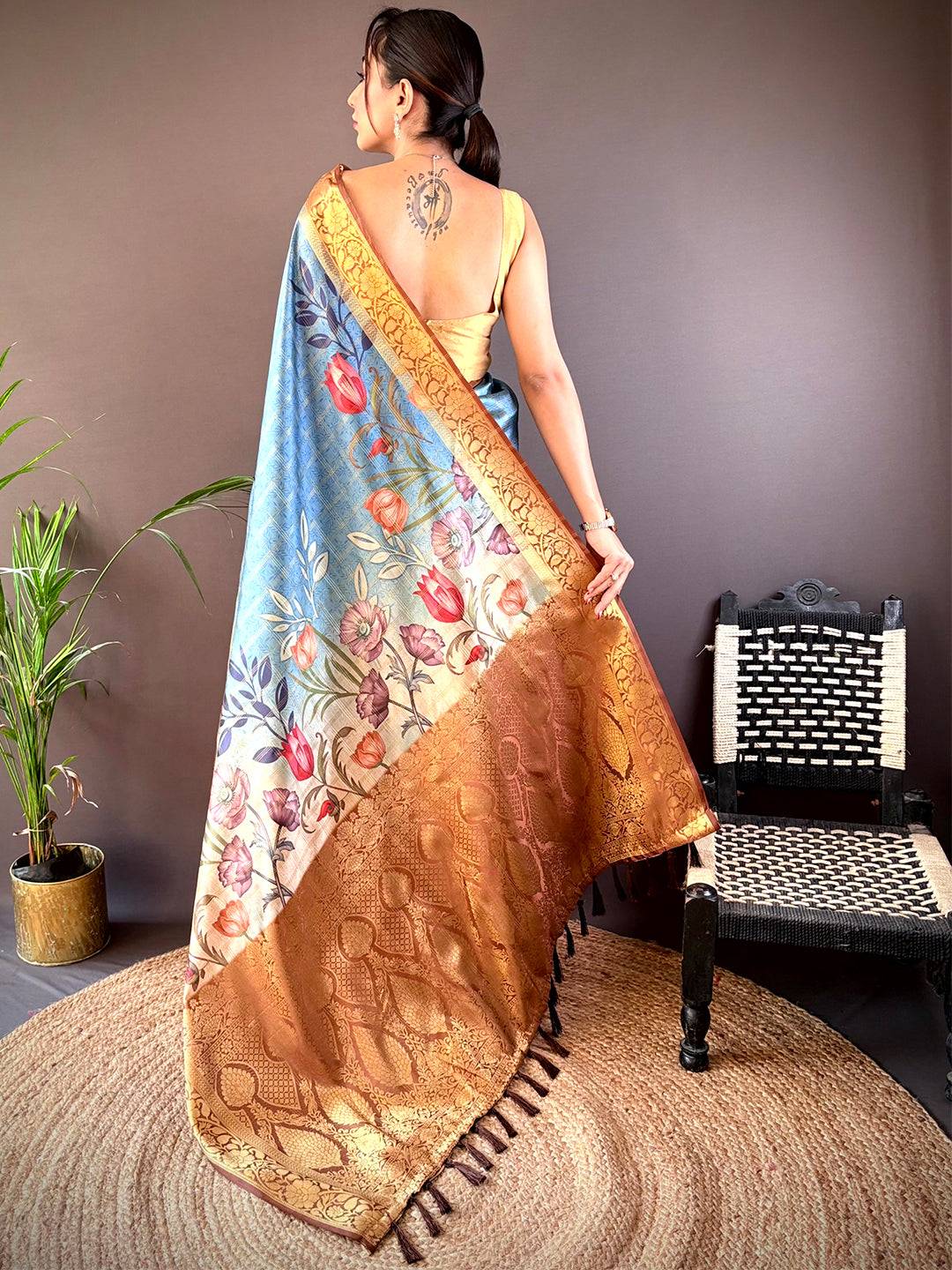 Sky Blue Ombre Floral Digital Print Saree by My Store