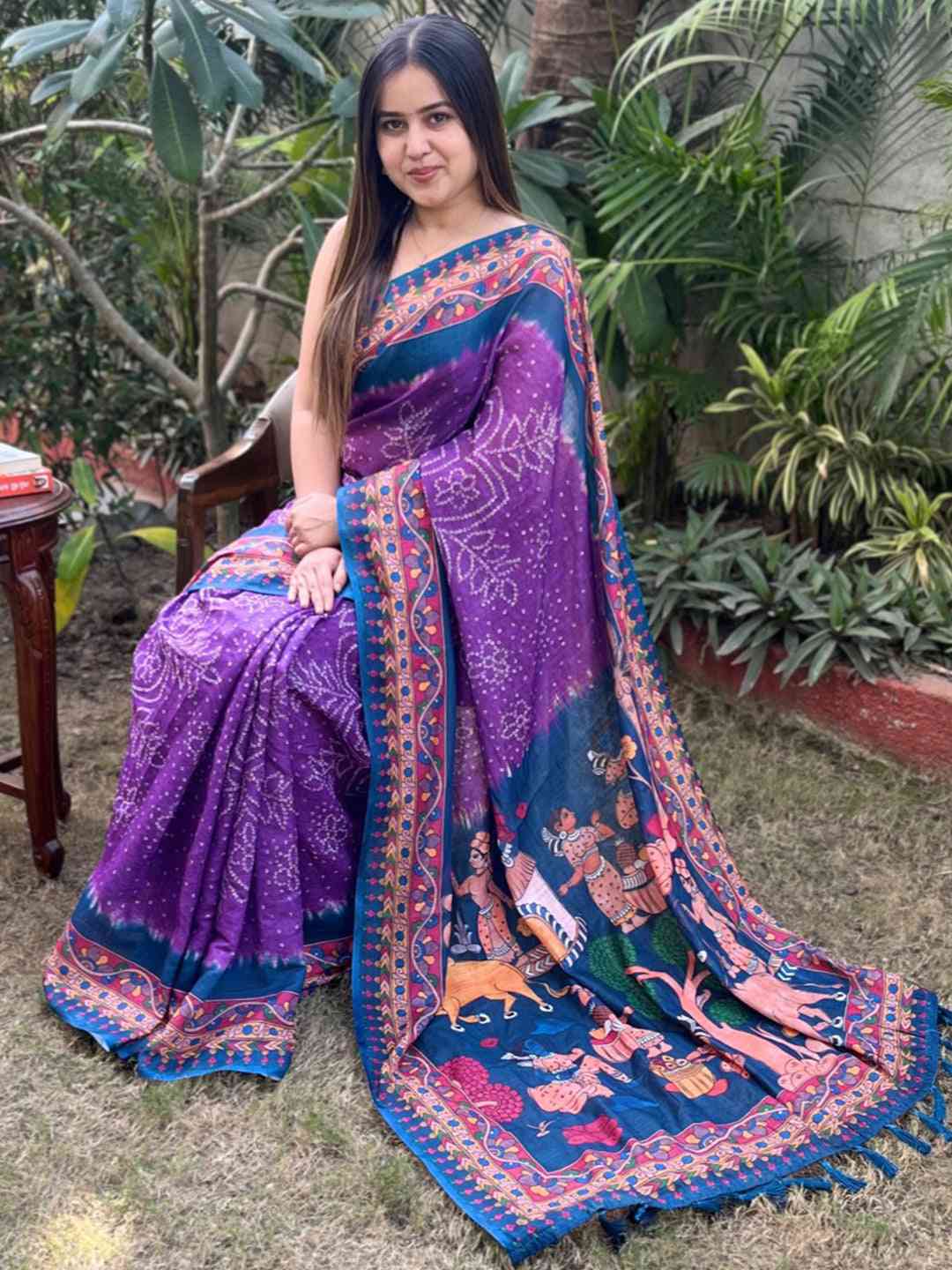 Purple Linen Bandhej Kalamkari Print Saree