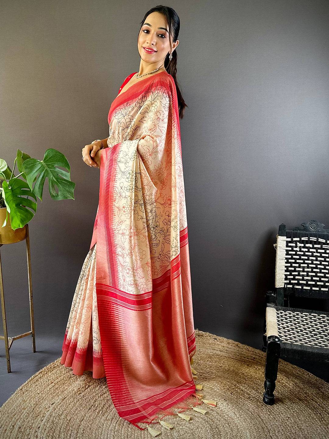Cream Floral Tussar Silk Saree by My Store