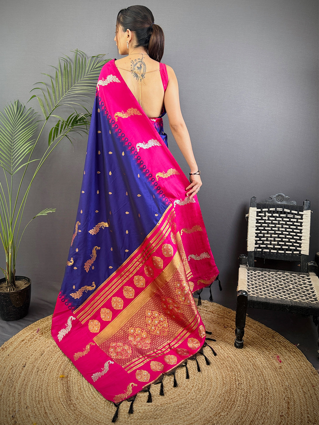 Purple Gold Zari Peacock Butta Soft Silk Saree by My Store