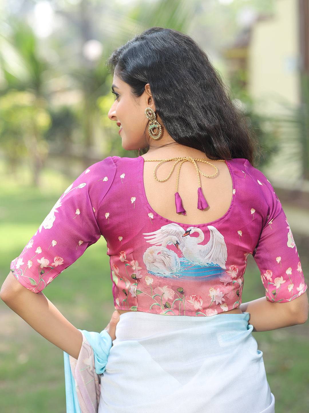 Satin Georgette Sky Blue Colour Hand Print Saree - Luxe by My Store