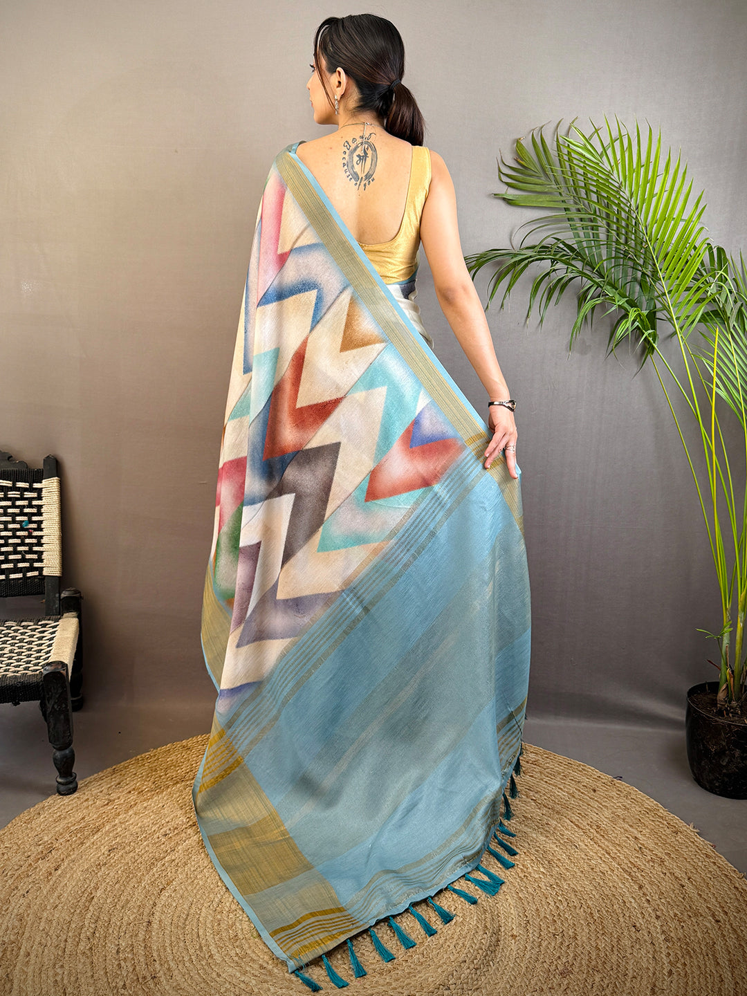Sky Blue Geometric Kalamkari Linen Saree by My Store