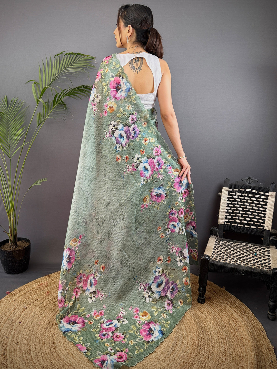 Sage Green Kota Doriya Floral Cut Work Saree by My Store