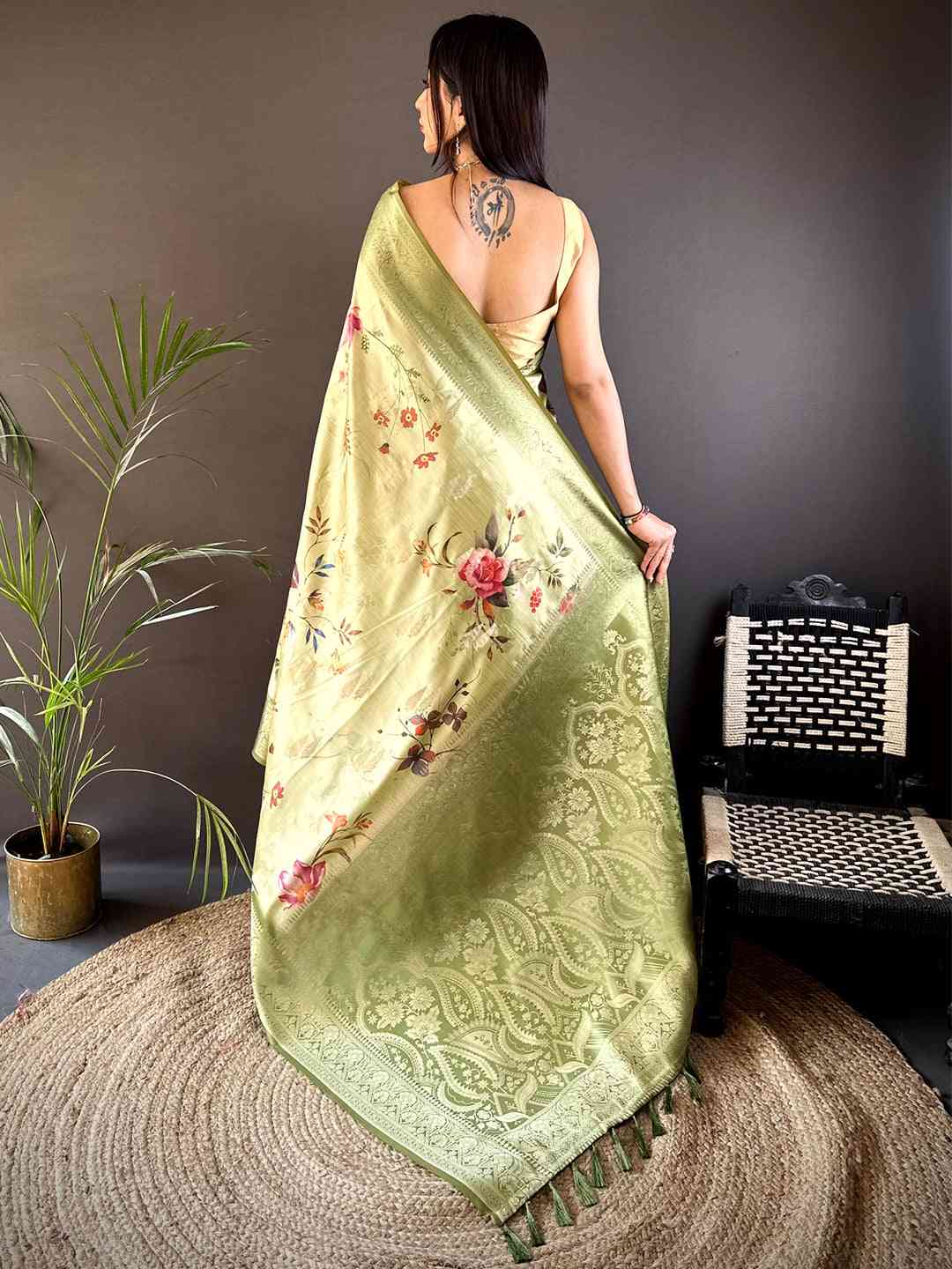 Olive Bamboo Silk Floral Saree by My Store