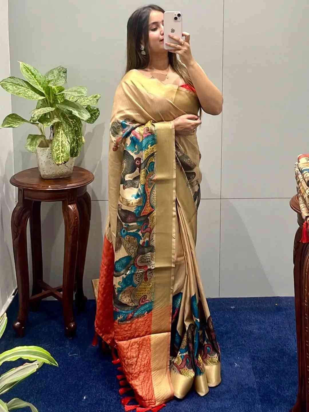 Incredible Pen Kalamkari Linen Tissue Soft Saree by My Store