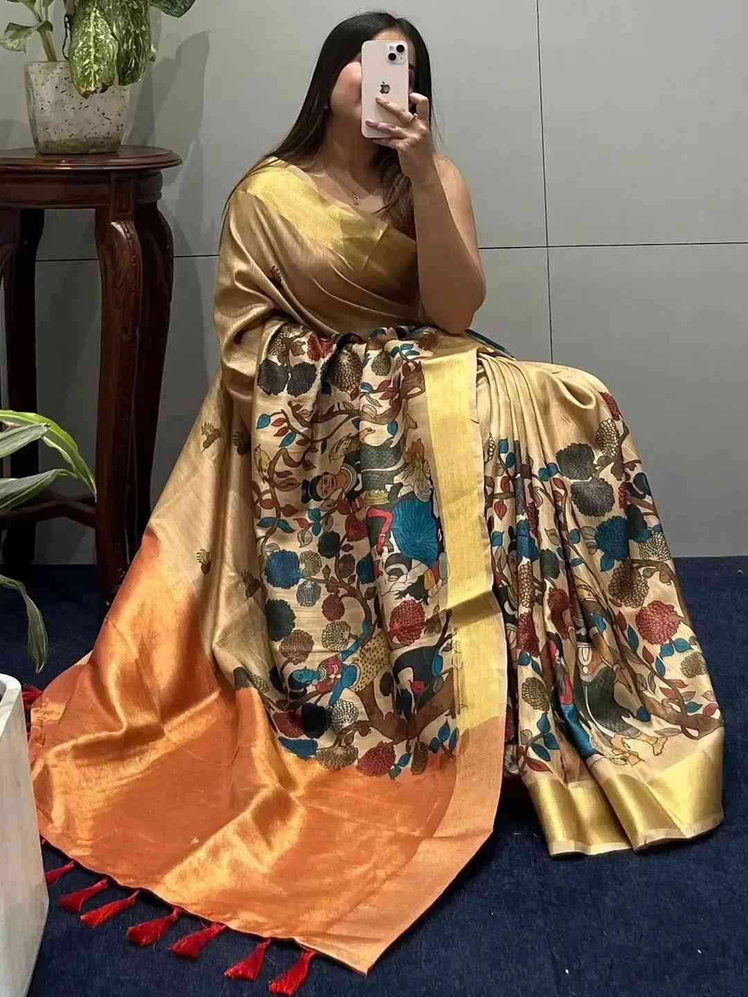 Incredible Pen Kalamkari Linen Tissue Soft Saree by My Store