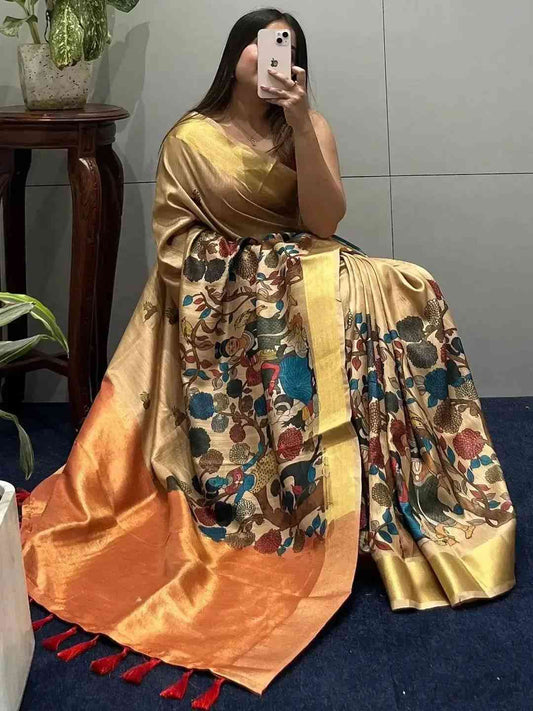 Incredible Pen Kalamkari Linen Tissue Soft Saree by My Store