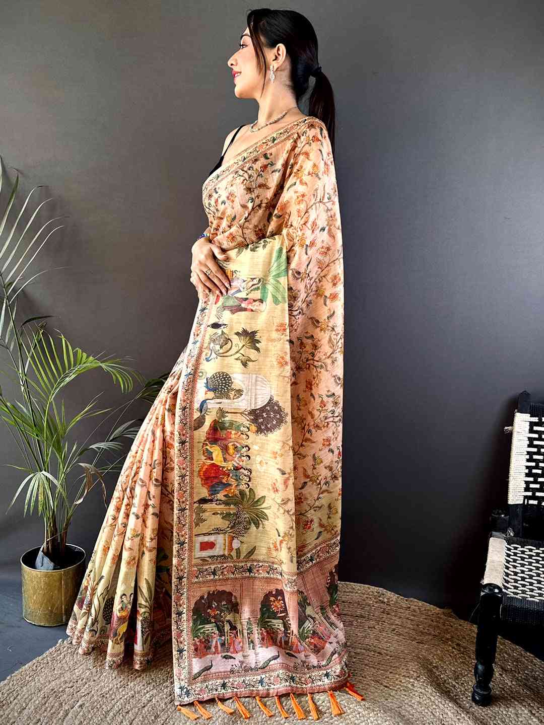 Peach Tussar Pashmina Kalamkari Saree by My Store
