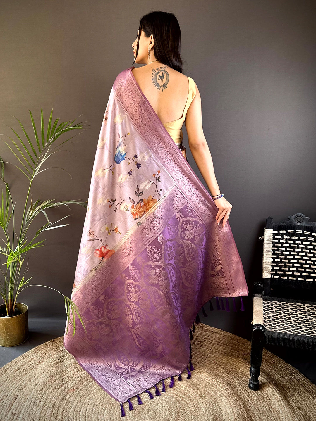 Lavender Bamboo Silk Floral Saree by My Store