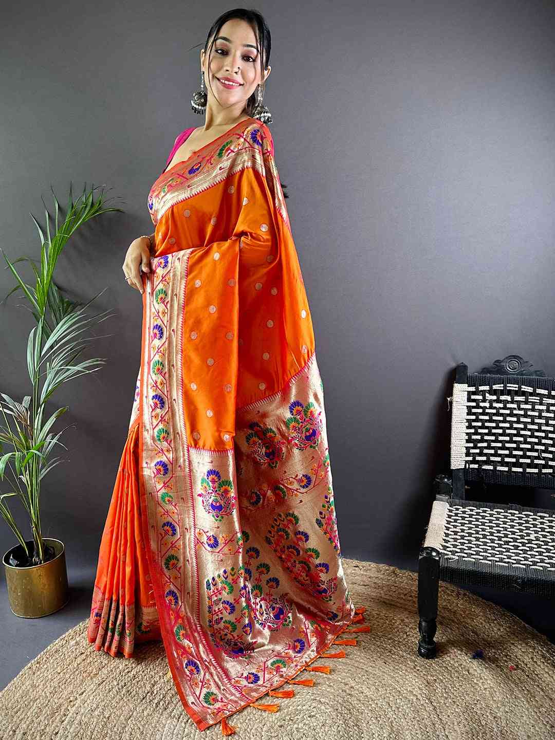 Orange Colour Yevla Paithani Soft Silk Saree by My Store