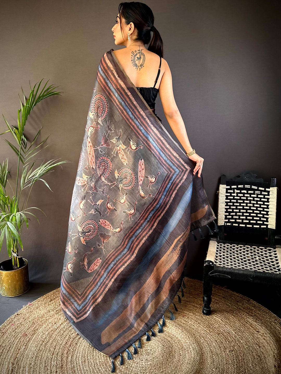 Grey Chanderi Floral Kalamkari Digital Print Saree by My Store