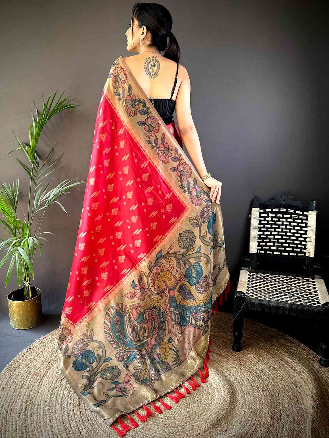 Red Soft Silk Kalamkari Printed Pallu Saree by My Store