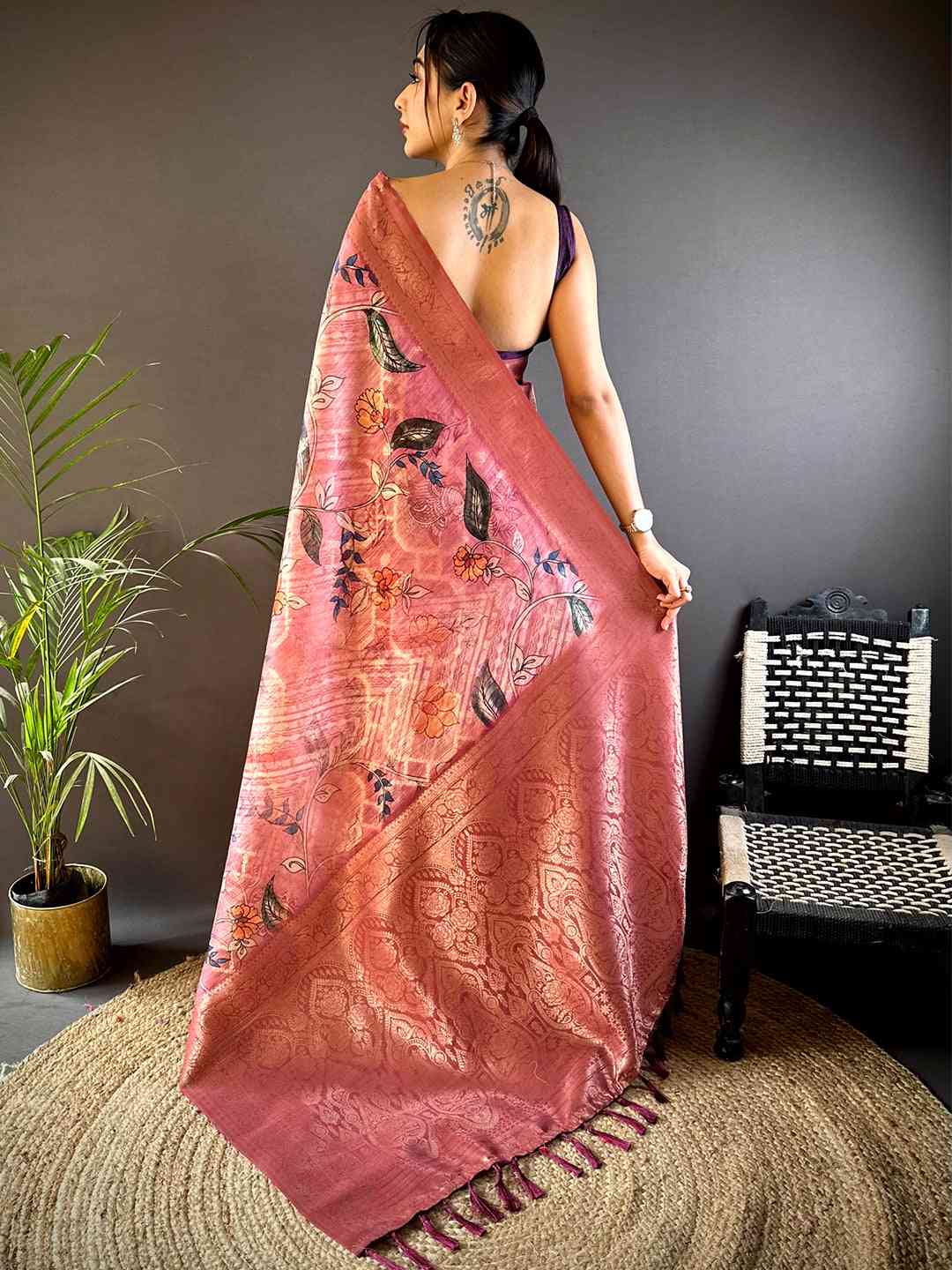 Peach Banarasi Kalamkari Print Saree by My Store