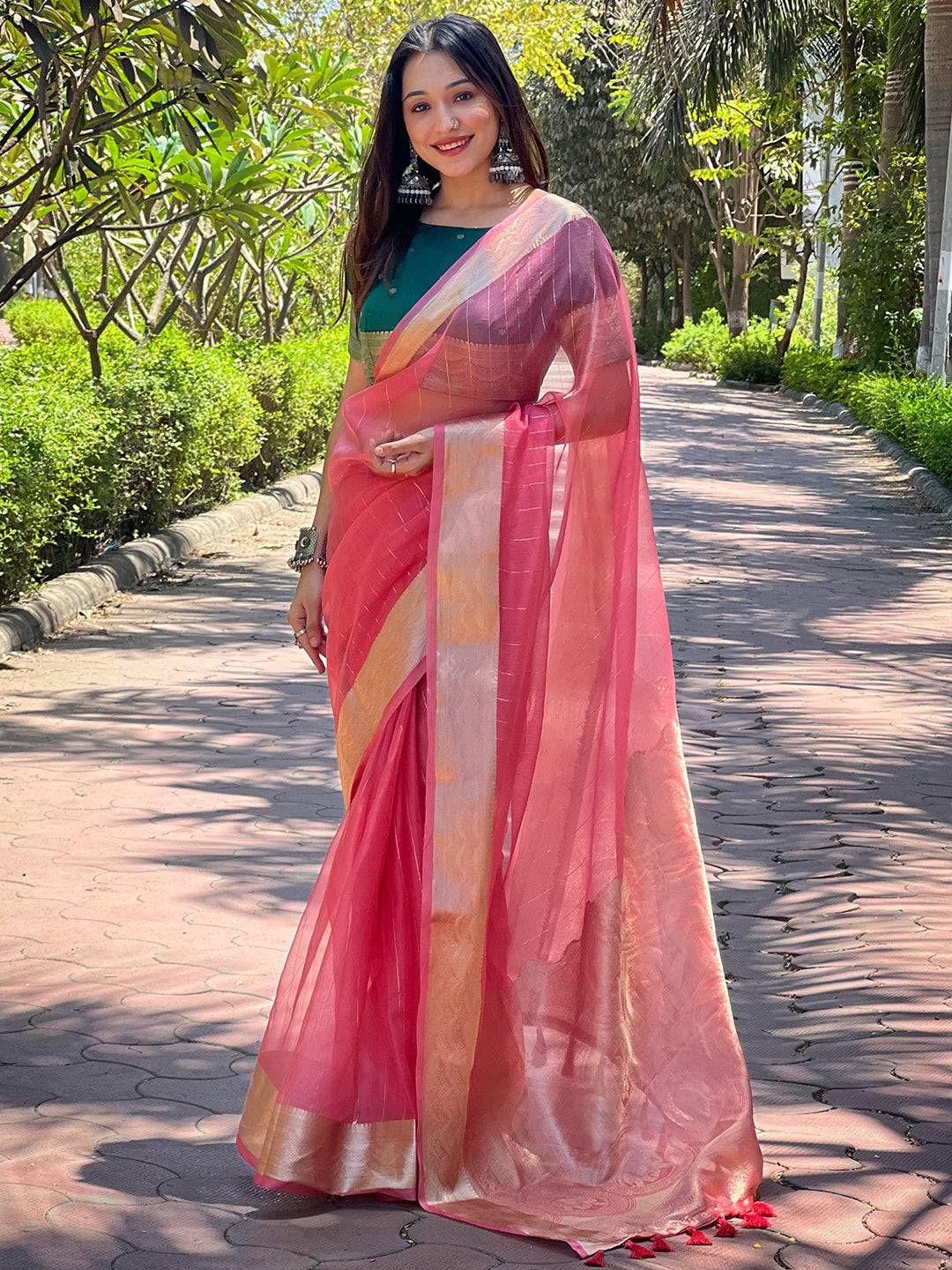 Dark Pink Pure Viscose Organza Saree With Fine Gold Zari Weaving Border by My Store