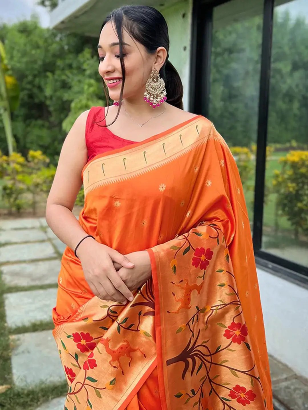 Orange Colour Paithani Big Border Woven Saree by My Store