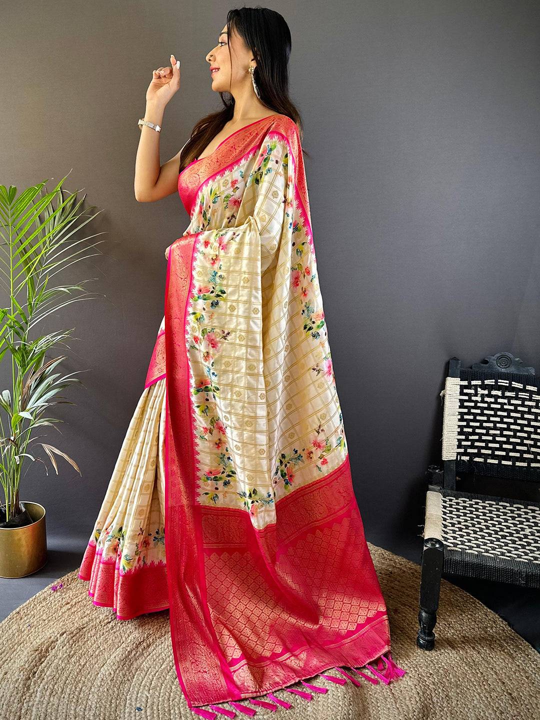Pink Kovai Rettapet Border Digital Print Saree by My Store