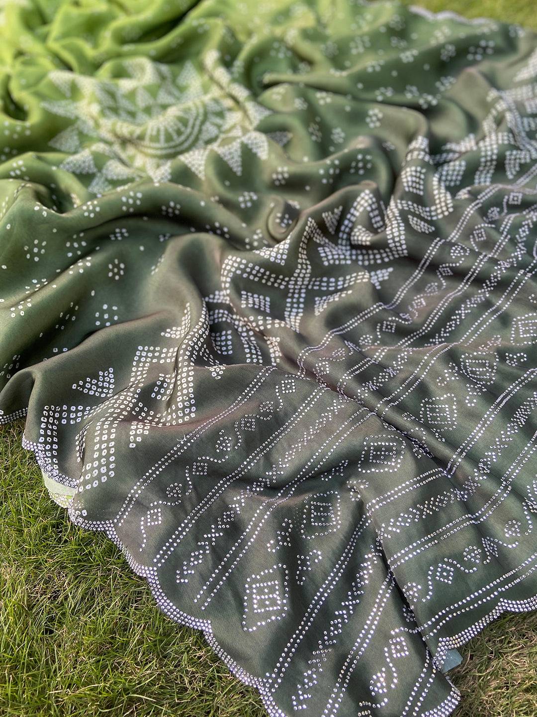 Green Georgette Silk Saree with Ombre Bandhej Print & Swaroski Stone Work by My Store