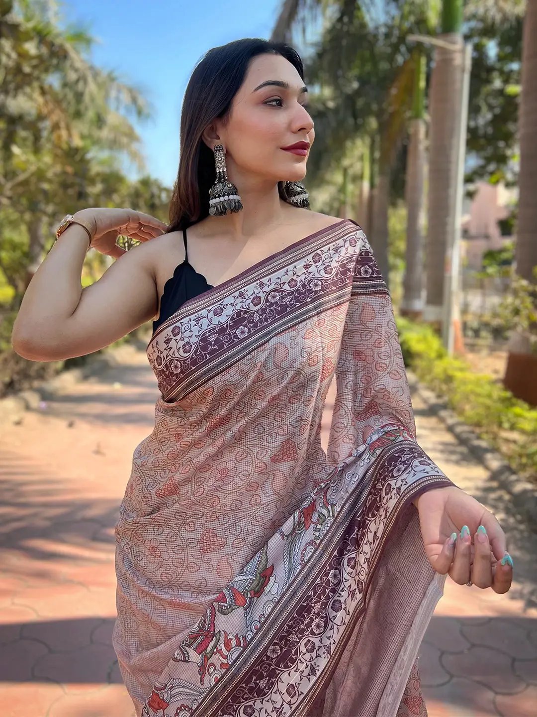 Satin Kota Doria Saree With Kalamkari Digital Print In Muvel Colour by My Store