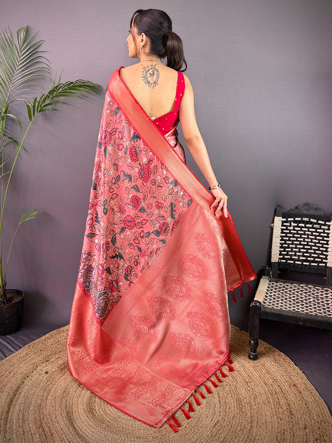 Dark Peach Cherry Satin Kalamkari Saree by My Store