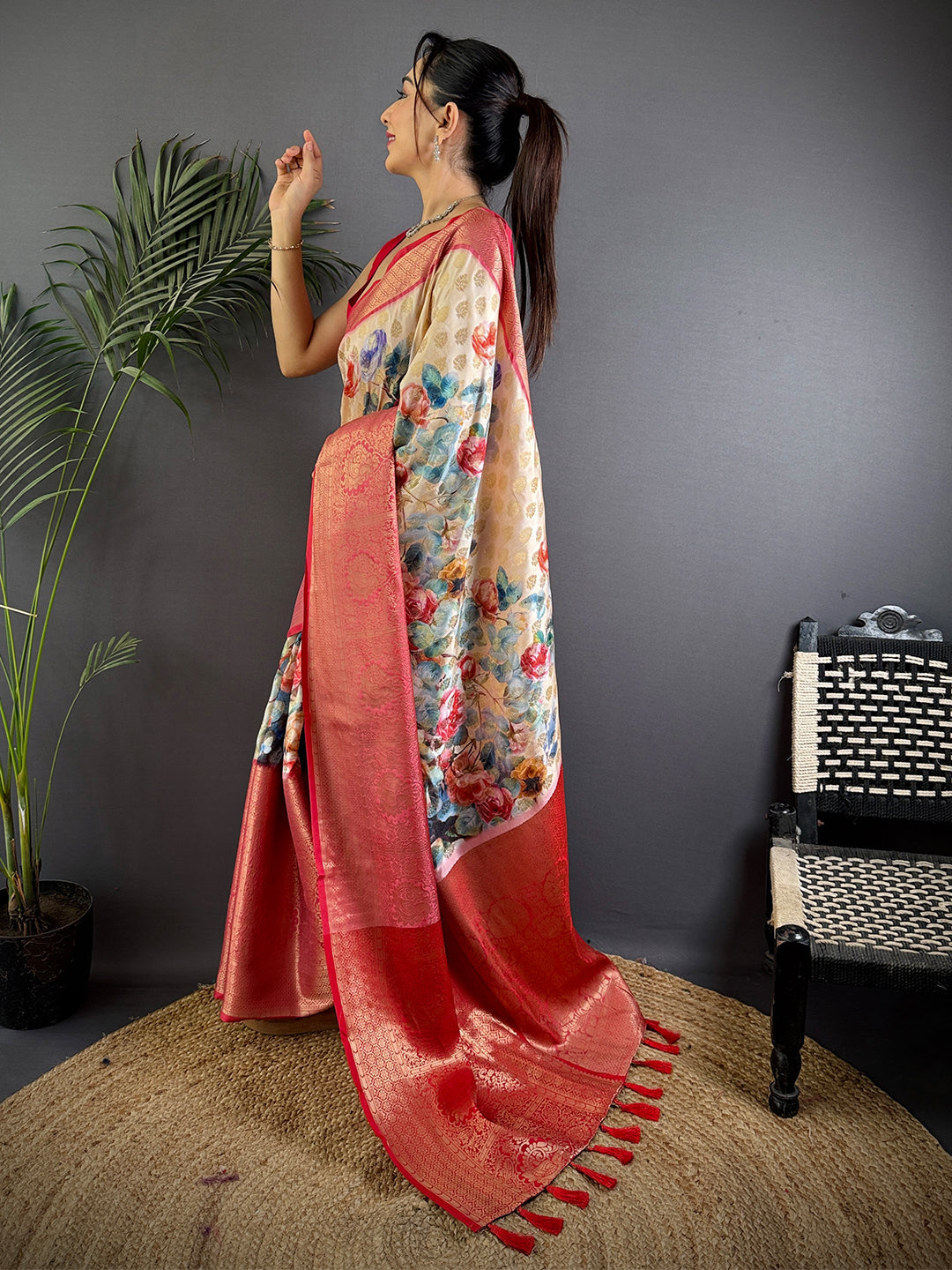 Beige Banarasi Floral Print Saree