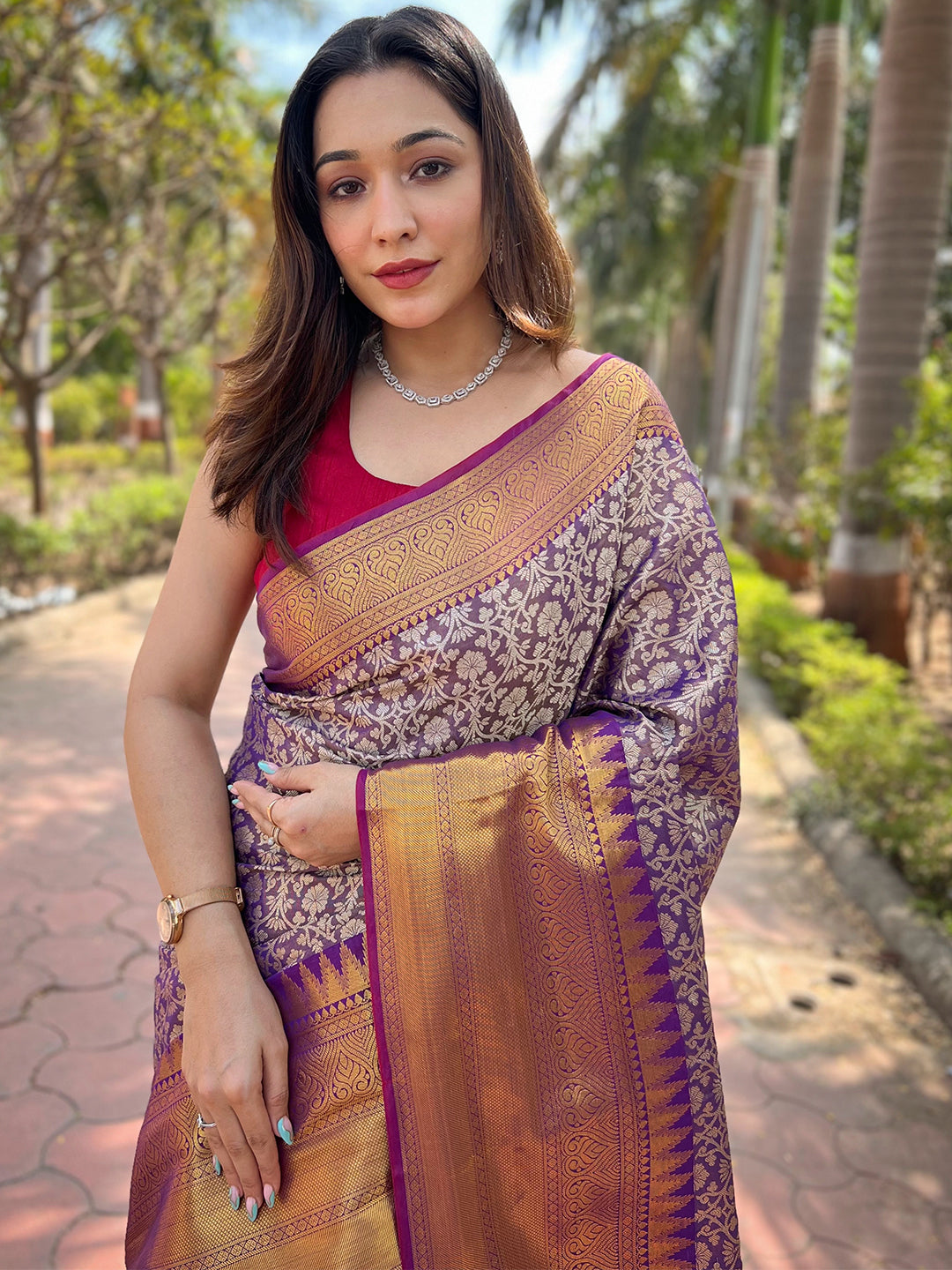 Wine Colour One Gram Gold Tissue Saree With Jacquard Woven Work