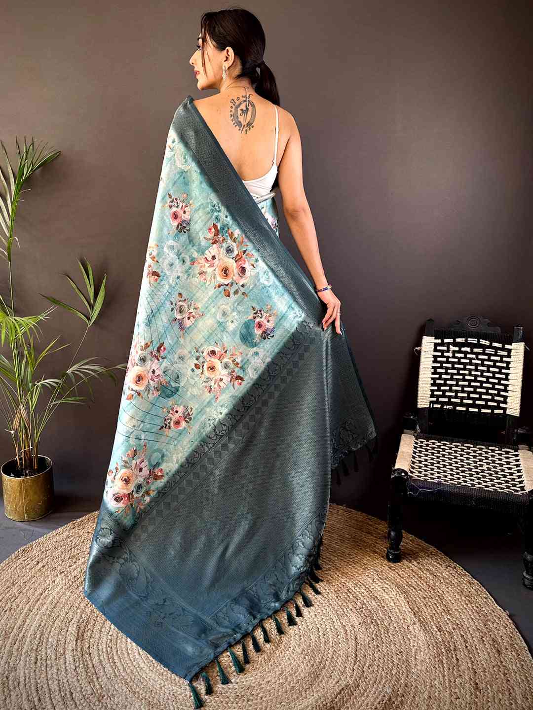 Teal Kanjivaram Digital Silk Saree by My Store