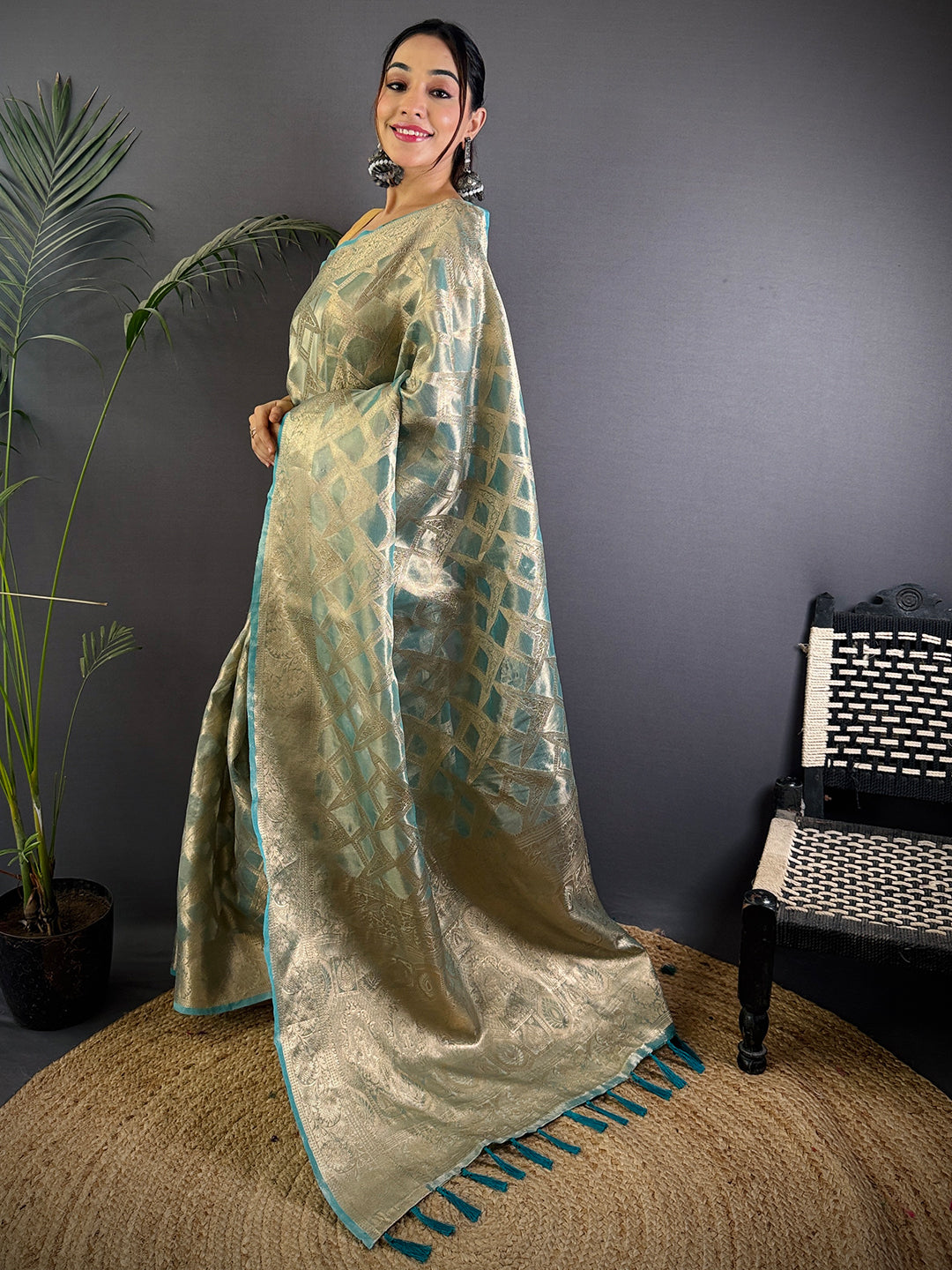 Blue Tissue Jarokha Zari Weaving Saree by My Store