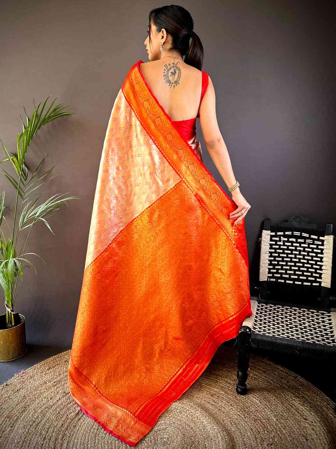 Red Golden Geometrics With Floral Elegance Saree by My Store