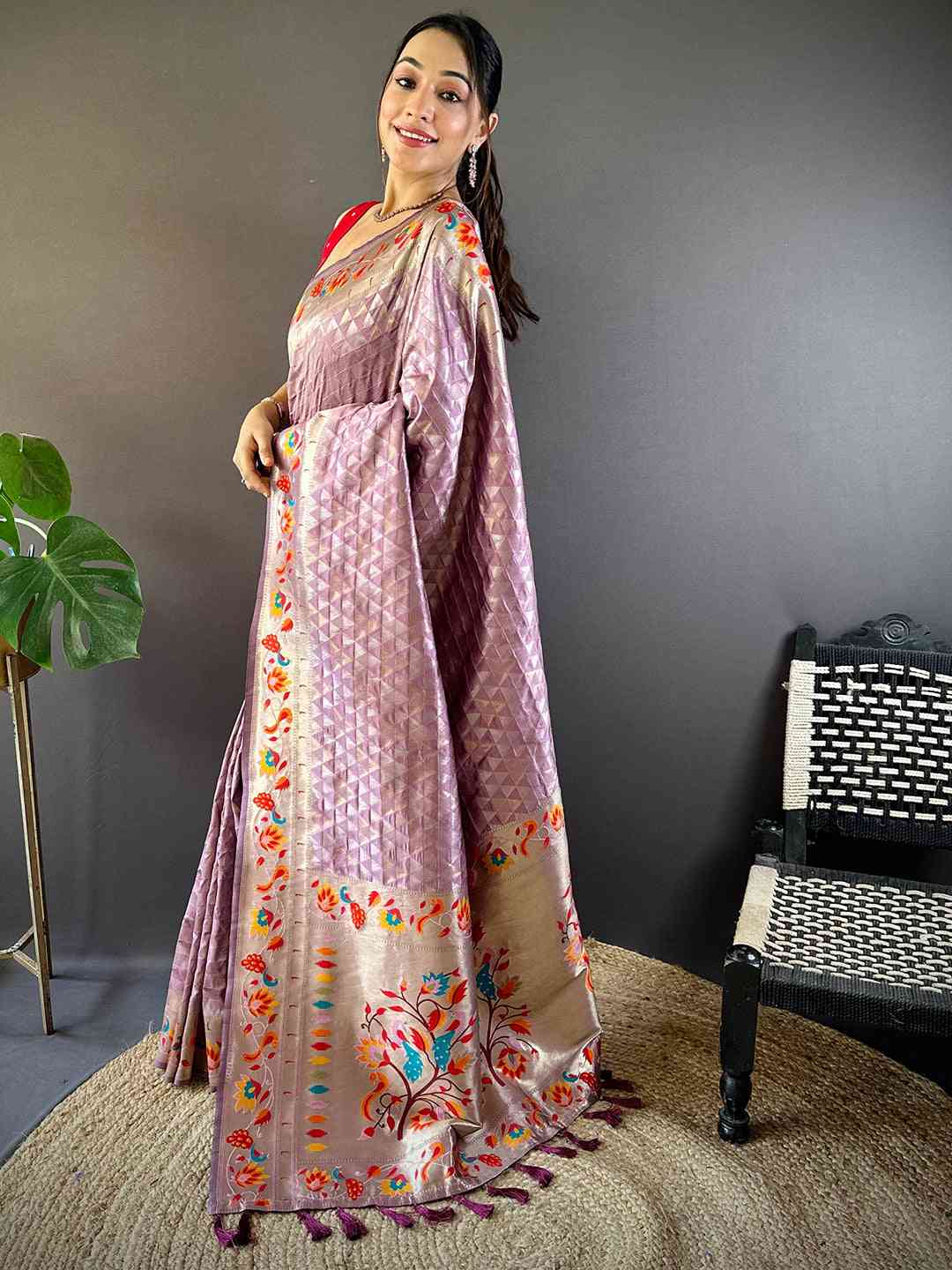 Light Wine Silk Blend Woven Zari Work Paithani Saree by My Store