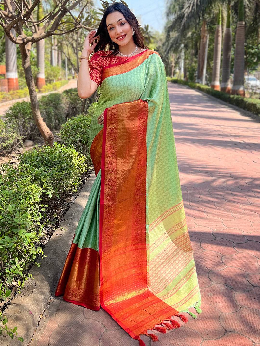 Pista Colour Kanjivaram Aura Soft Silk Saree With Broced Zari Blouse by My Store