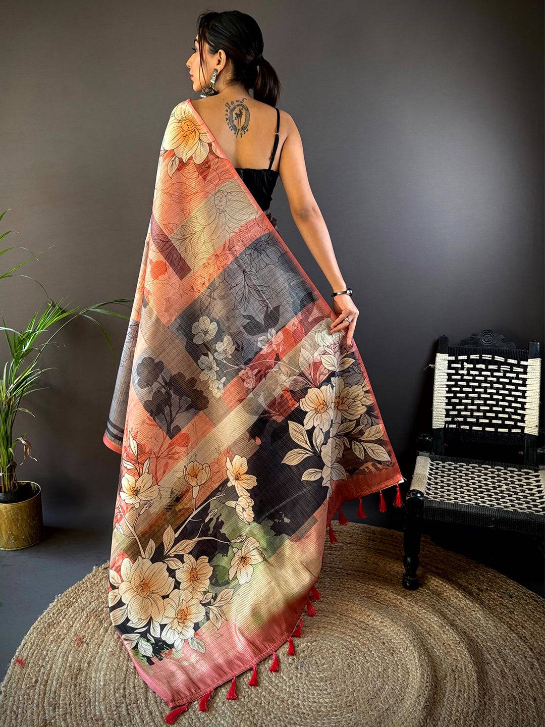 Pink Semi-Gold Zari Abstract Tussar Saree by My Store