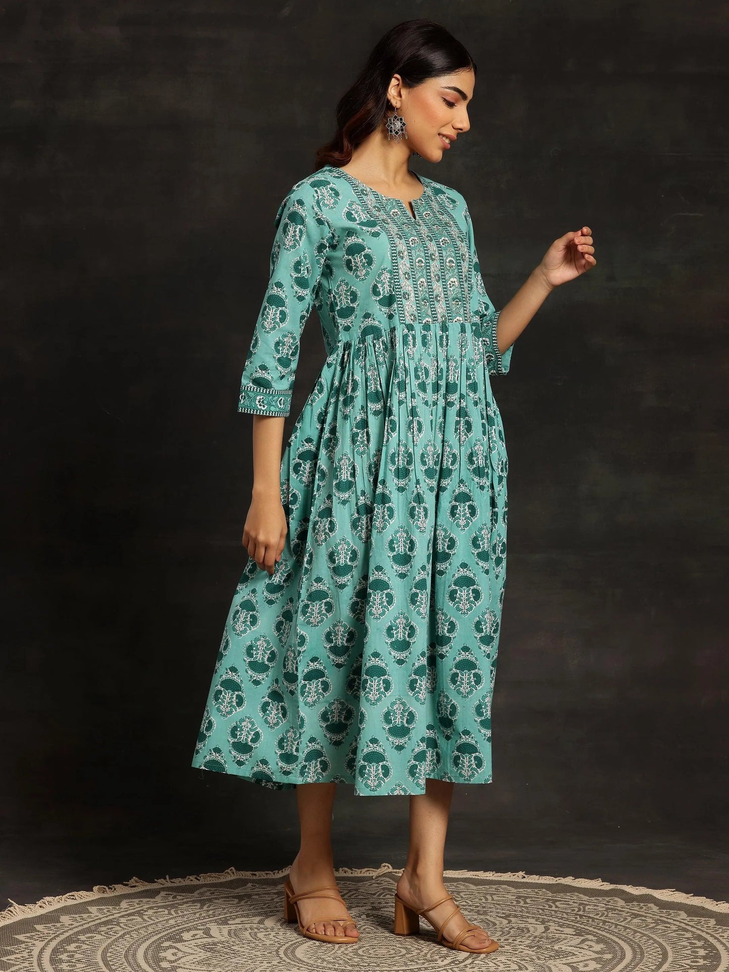 Sea Green Printed Cotton Fit and Flare Dress by My Store