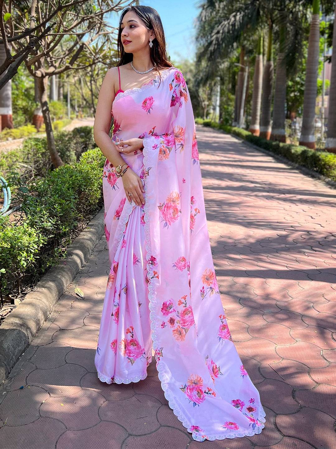 Pink Pure Satin Georgette with Zircon Swarovski Border Saree by My Store