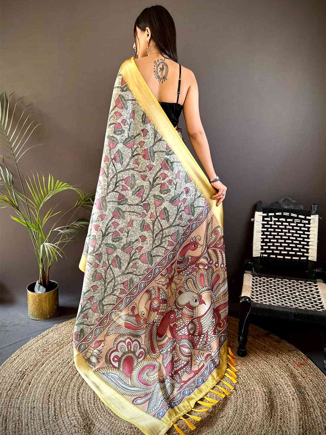 Mint Green Kota Doriya Floral Kalamkari Print Saree by My Store